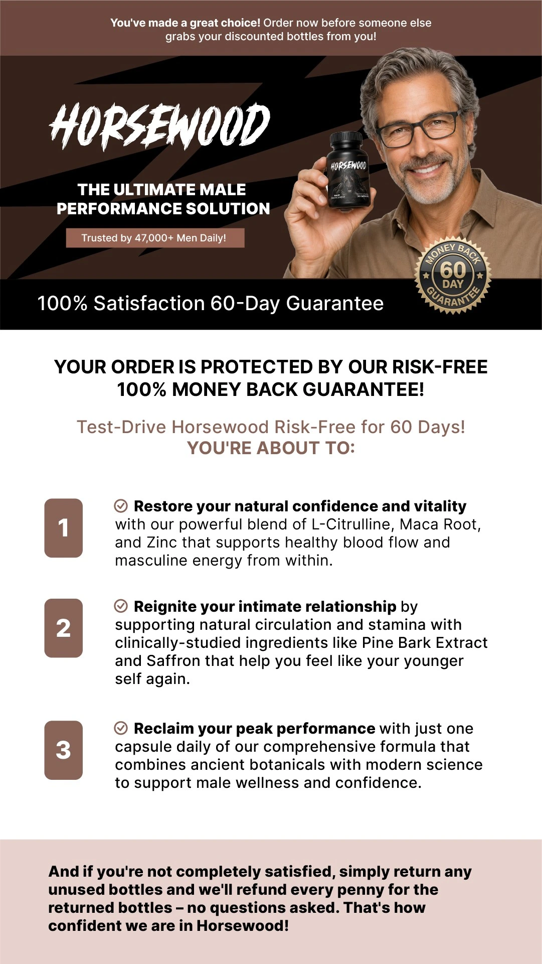 HorseWood — The Ultimate Male Performance Solution, 60-Day Money-Back Guarantee